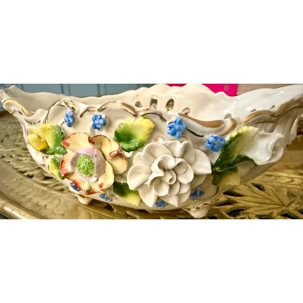 Vintage German Porcelain Reticulated Bowl Encrusted Flowers Gold Gilt Footed